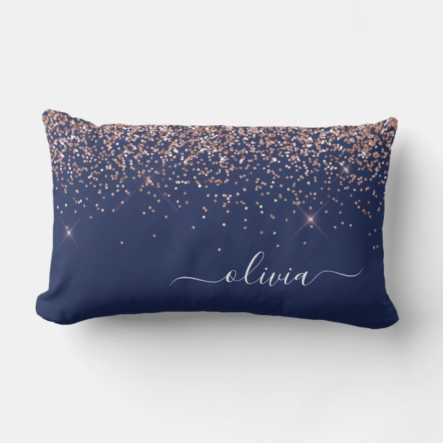 Blush Pink Rose Gold Navy Blue Glitter Monogram Lumbar Cushion (Front)