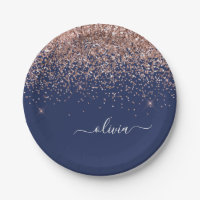 Blush Pink Rose Gold Navy Blue Glitter Monogram