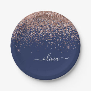 Blush Pink Rose Gold Navy Blue Glitter Monogram Paper Plate
