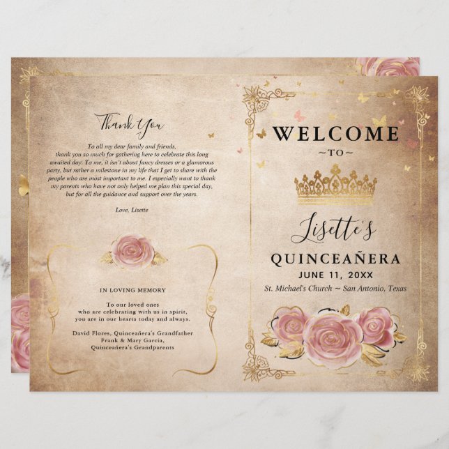 Blush Pink Rose Gold Parchment Quinceanera Program (Front/Back)