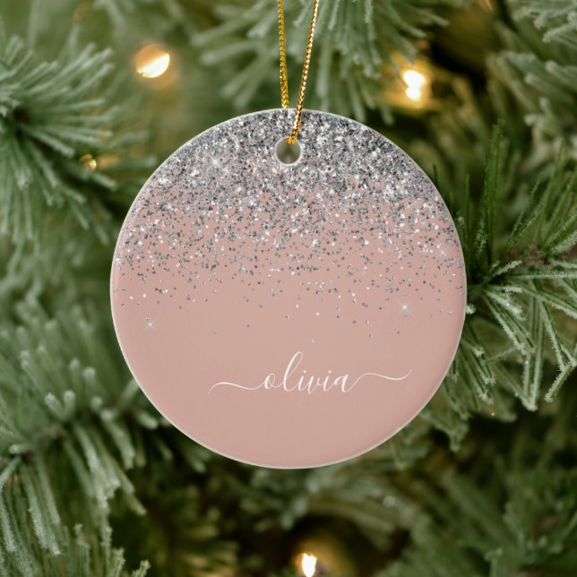 Blush Pink Rose Gold Silver Glitter Monogram Ceramic Ornament (Tree)