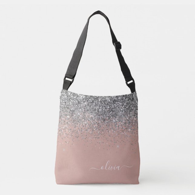 Blush Pink Rose Gold Silver Glitter Monogram Crossbody Bag (Front)