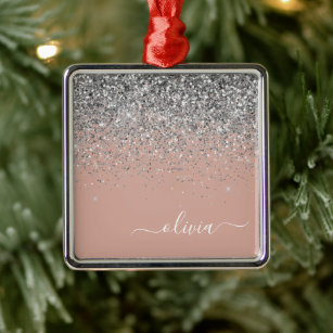 Blush Pink Rose Gold Silver Glitter Monogram Metal Ornament