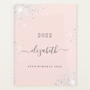 Blush pink rose gold silver glitter monogram planner