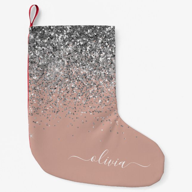 Blush Pink Rose Gold Silver Glitter Monogram Small Christmas Stocking (Front)