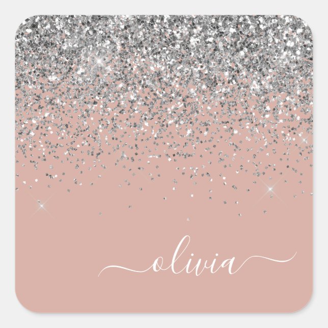 Blush Pink Rose Gold Silver Glitter Monogram Square Sticker (Front)