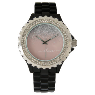 Blush Pink Rose Gold Silver Glitter Monogram Watch