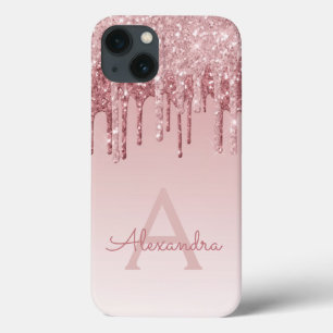 Blush Pink - Rose Gold Sparkle Glitter Monogram Ca iPhone 13 Case