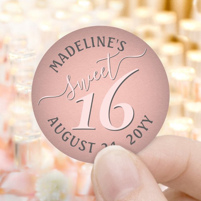 Blush Pink Rose Gold Sweet 16 Birthday Party Favou Classic Round Sticker (Creator Uploaded)