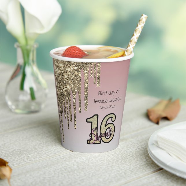 Blush Pink  Rose Gold Sweet Sixteen Paper Cups (Insitu)