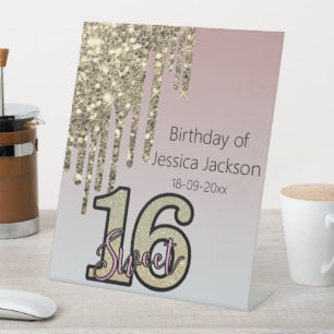 Blush Pink Rose Gold Sweet Sixteen Pedestal Sign