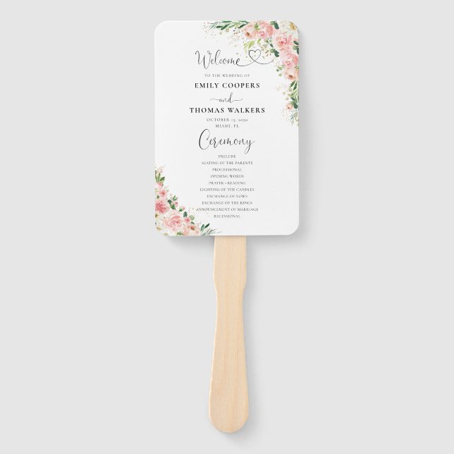 Blush Pink Rose Gold Wedding Program Hand Fan (Front)