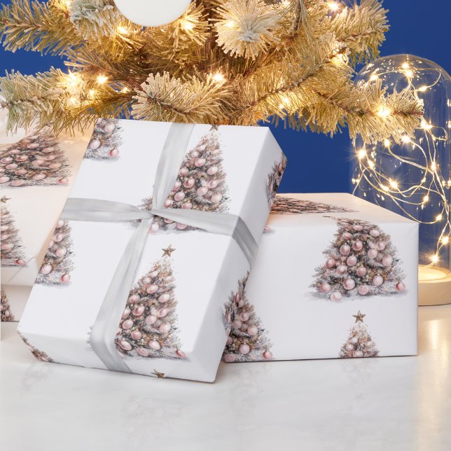 Blush Pink Rose Gold White Christmas Trees Wrapping Paper (Holidays)