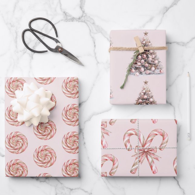 Blush Pink Rose Gold White Peppermints Christmas   Wrapping Paper Sheet (Front)