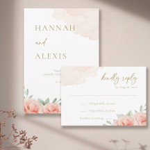 Blush Pink Rose Green Leaves Elegant Wedding RSVP