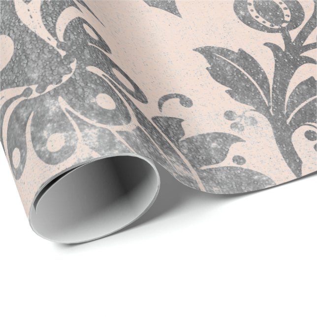 Blush Pink Rose Grey  Floral Powder Grungy Damask Wrapping Paper (Roll Corner)