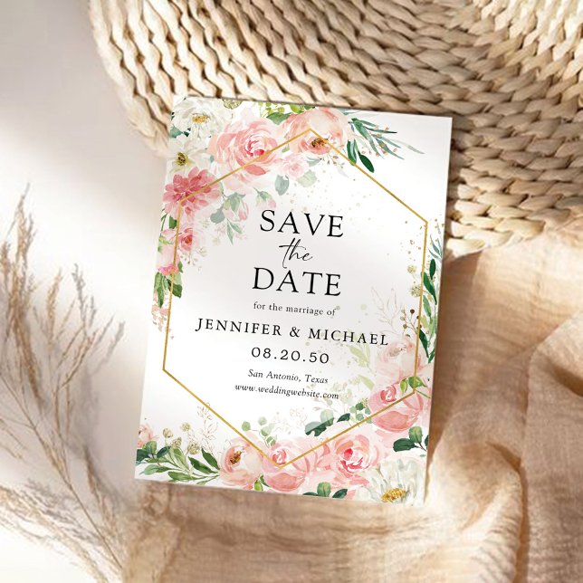 Blush Pink Rose Hexagon Save The Date Cards (Creator Uploaded)