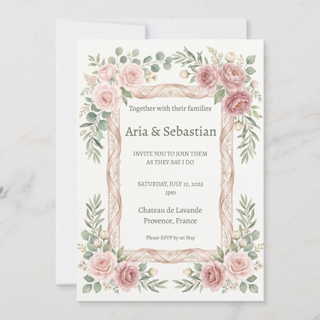 Blush Pink Rose Lace Frame Wedding Invitation (Front)