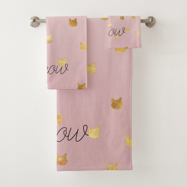 Blush Pink Rose Ombre Gold Cats Bath Towel Set (Insitu)