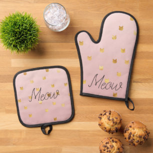 Blush Pink Rose Ombre Gold Cats Oven Mitt & Pot Holder Set