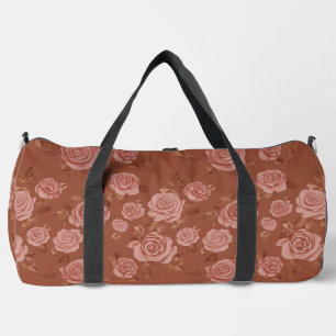 Blush Pink Rose On Brown Leather Look Duffle Bag