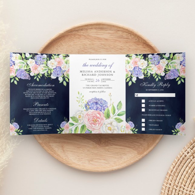 Blush Pink Rose Purple Hydrangea Navy Blue Wedding Tri-Fold Invitation (Creator Uploaded)
