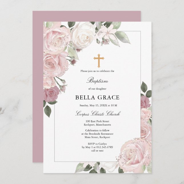 Blush Pink Rose Rustic Floral Baptism Invitation (Front/Back)