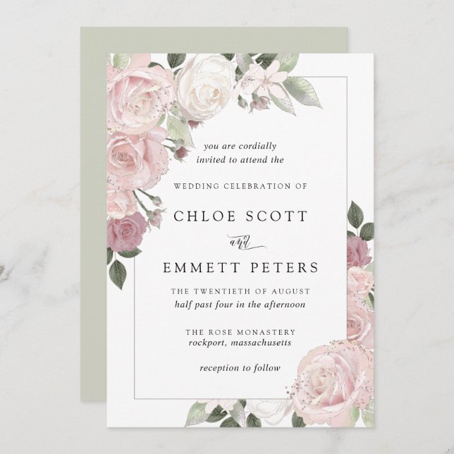 Blush Pink Rose Rustic Floral Wedding Invitation (Front/Back)