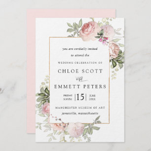 Blush Pink Rose Rustic Floral Wedding Invitation
