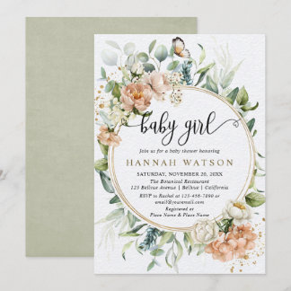 Blush Pink Rose Sage Eucalyptus Girl Baby Shower Invitation