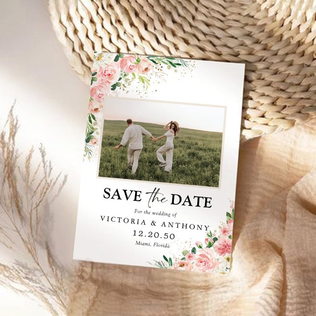 Blush Pink Rose Save The Date with Photo Flat Card (Creator Uploaded)