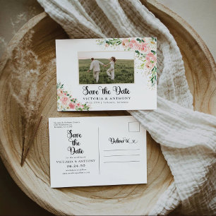 Blush Pink Rose Save The Date with Photo Postcard