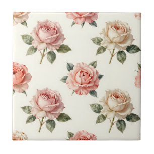 Blush Pink Rose Vintage Floral Pattern Ceramic Tile
