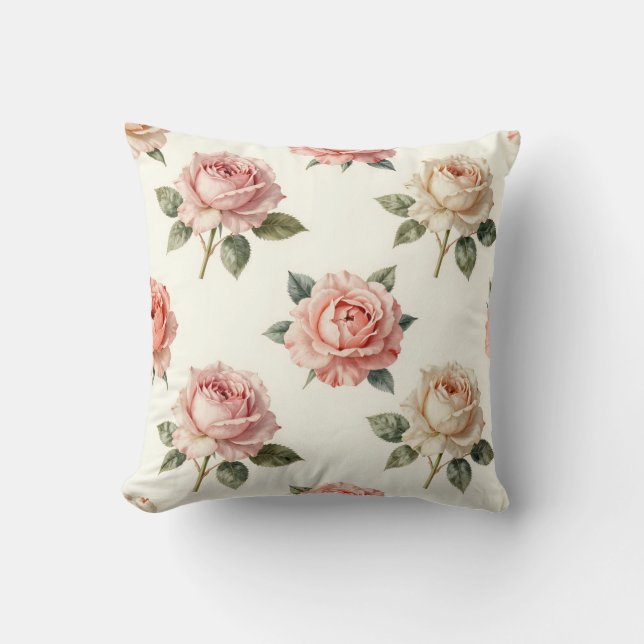 Blush Pink Rose Vintage Floral Pattern Cushion (Front)