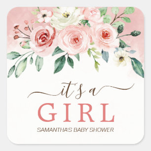 Blush Pink Rose Watercolor Girl Baby Shower Square Sticker