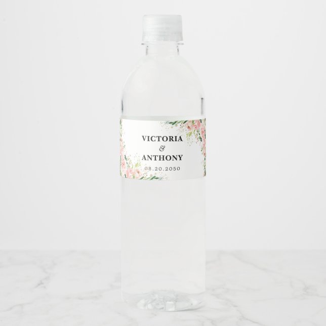 Blush Pink Rose Wedding Water Bottle Labels (Front)