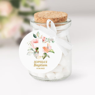 Blush Pink Rose & White Cross Girl Baptism Classic Round Sticker