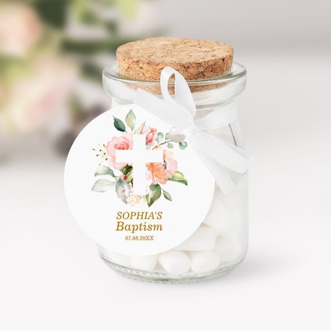 Blush Pink Rose & White Cross Girl Baptism Classic Round Sticker (Creator Uploaded)