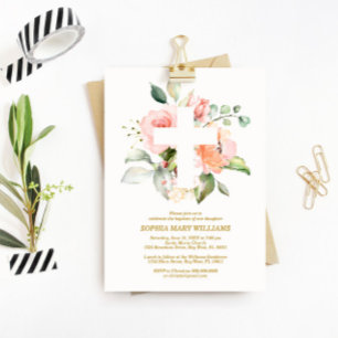 Blush Pink Rose & White Cross Girl Baptism Invitation
