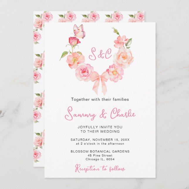 Blush Pink Rose Wreath Ribbon Wedding Invitation (Front/Back)