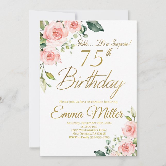 Blush Pink Roses 75th Birthday Party Invitation (Front)