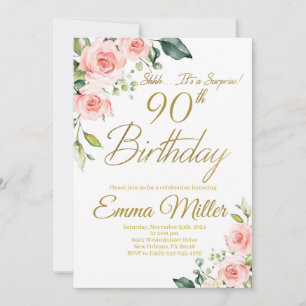 Blush Pink Roses 90th Birthday Party Invitation