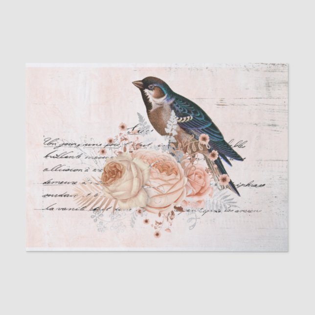 Blush Pink Roses and Bird Ephemera Tissue Paper (Front)