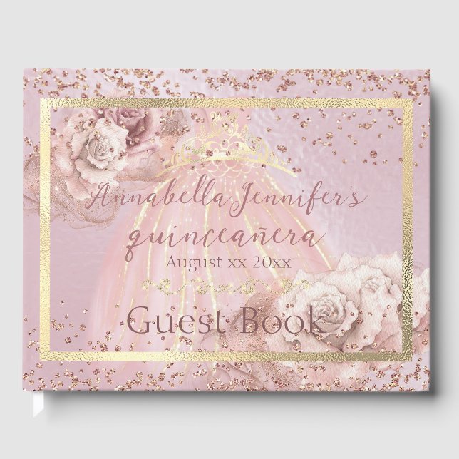 Blush Pink Roses and Gold Quinceañera Guest Book (Front)