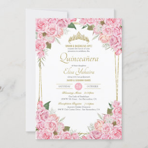 Blush Pink Roses and Gold Tiara Floral Quinceanera Invitation