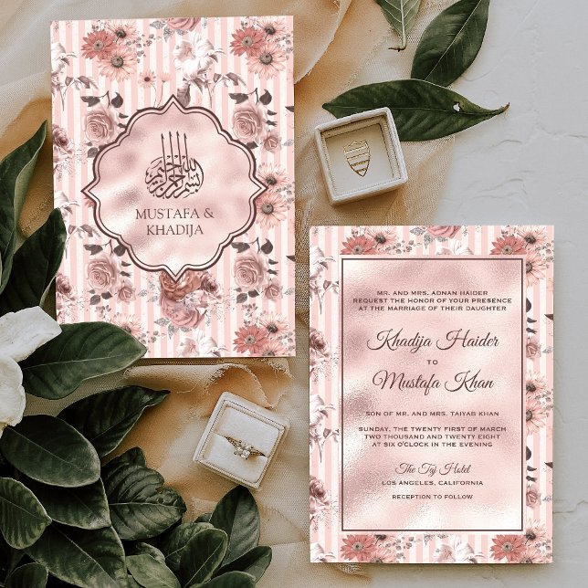 Blush Pink Roses and Stripes Floral Muslim Wedding Invitation (Creator Uploaded)