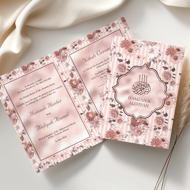 Blush Pink Roses and Stripes Floral Muslim Wedding Invitation (Creator Uploaded)