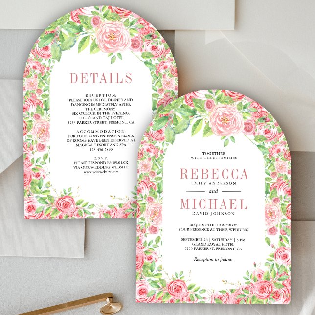 Blush Pink Roses Arch Floral All in One Wedding Invitation (Creator Uploaded)