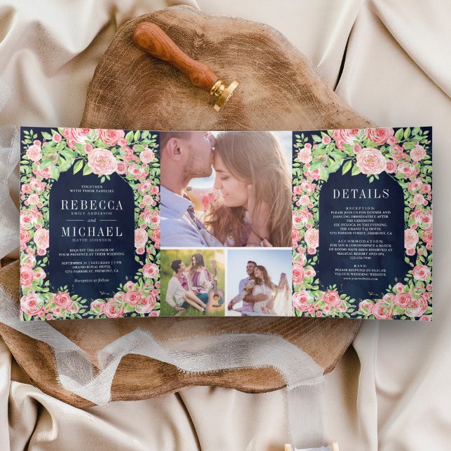 Blush Pink Roses Arch Photo Collage Navy Wedding Tri-Fold Invitation (Creator Uploaded)