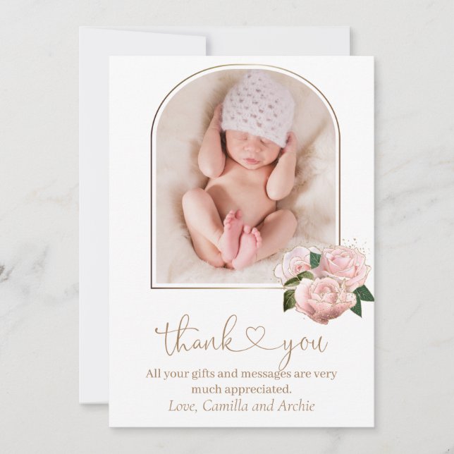 Blush Pink Roses Baptism Christening  Thank You Card (Front)